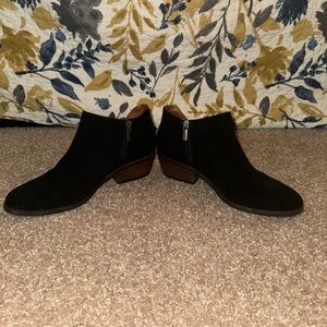 Black suede Lucky Brand booties with wooden heel and zip